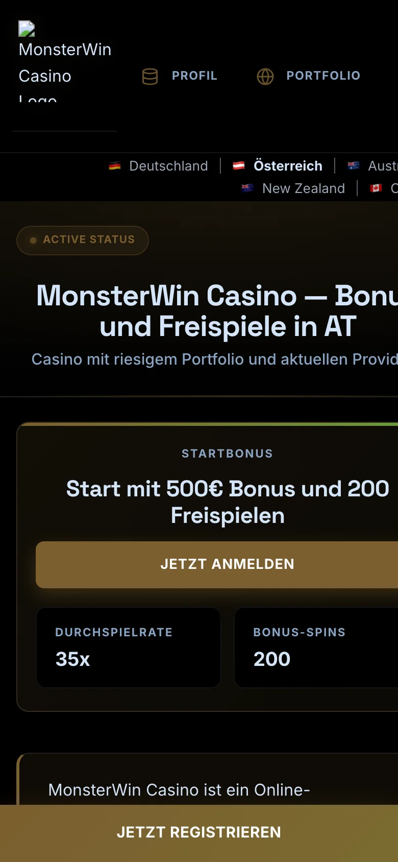 MonsterWin Casino mobile lobby screenshot