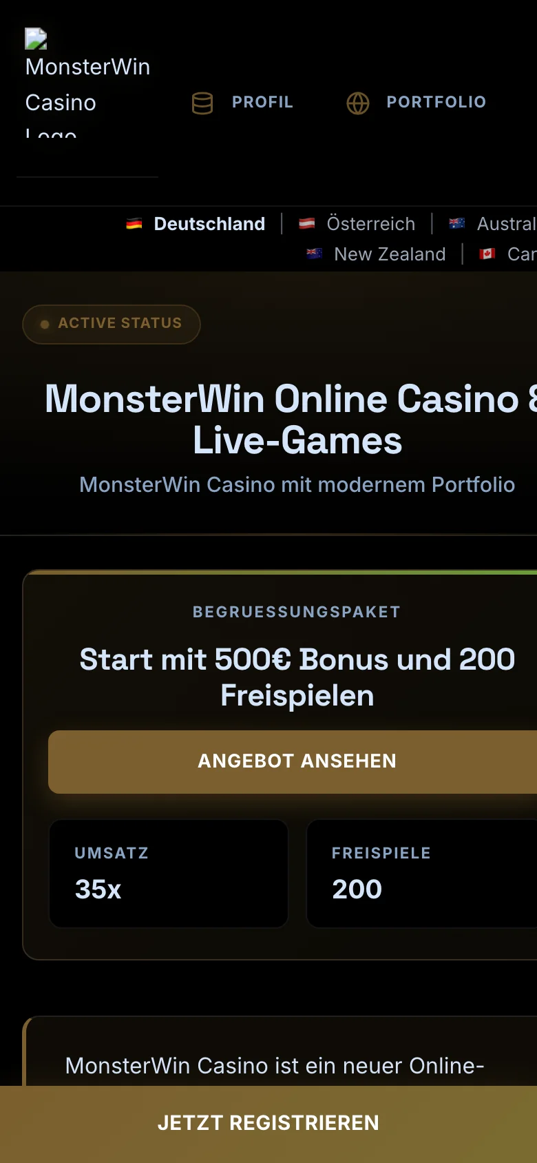 MonsterWin Casino mobile lobby screenshot