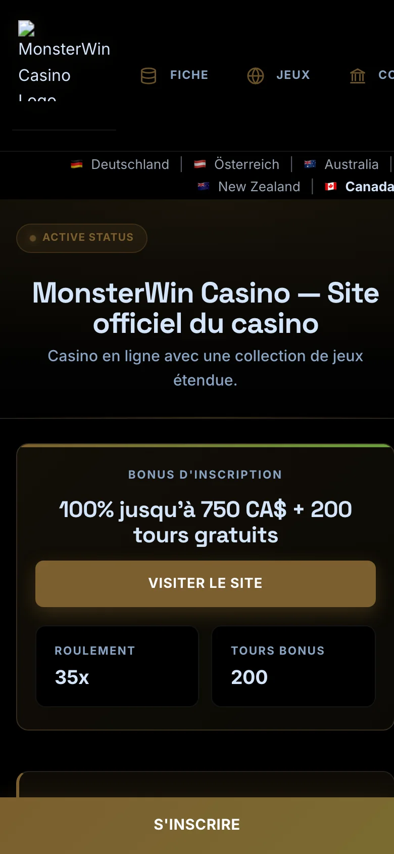 MonsterWin Casino mobile lobby screenshot